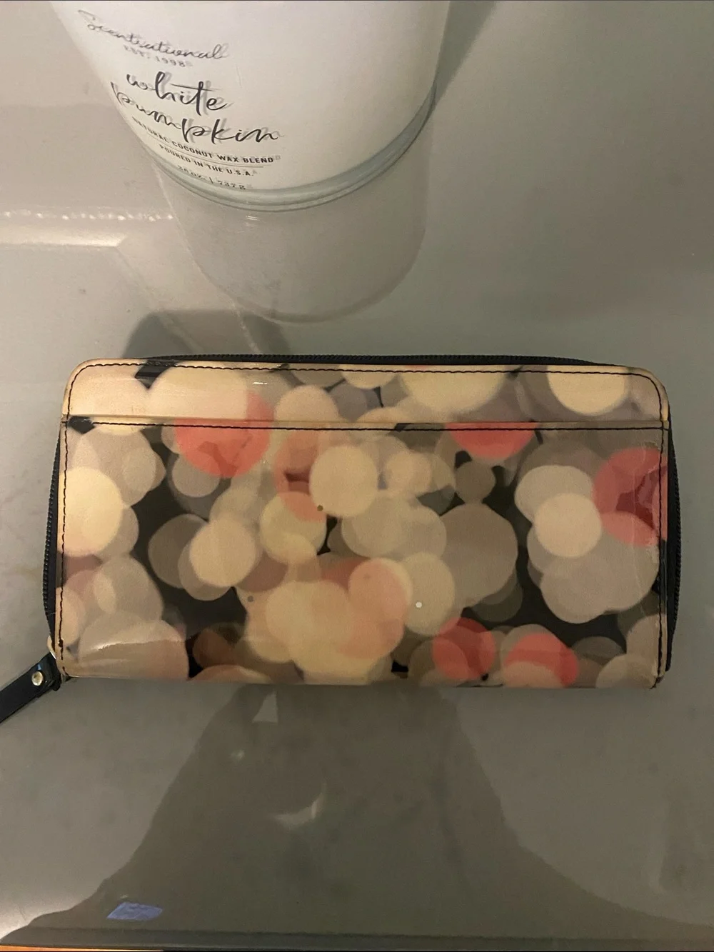 kate spade Black Zip Wallet with Cream and Pink Bokeh Dots